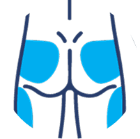 Outline graphic of a silhouette with the buttock area shaded blue
